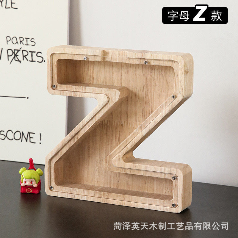 现货木质26个英文字母储蓄罐儿童小玩具收纳盒透明亚克力存钱罐子