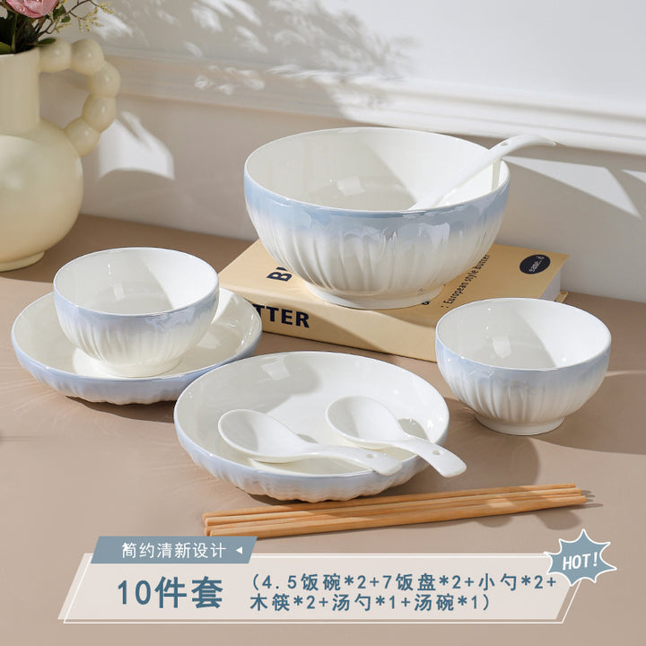 洛可可渐变蓝餐具套装汤碗饭碗简约高温烤花陶瓷碗家用碗碟套装