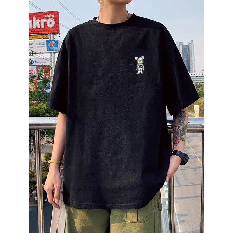 纯棉短袖高级感T恤男港风潮牌大码圆领体恤青少年五分袖厂家直销