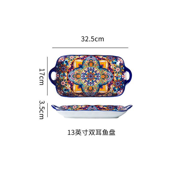 波西米亚陶瓷碗碟套装釉下彩饭碗家用复古双耳汤面碗高级感菜盘子