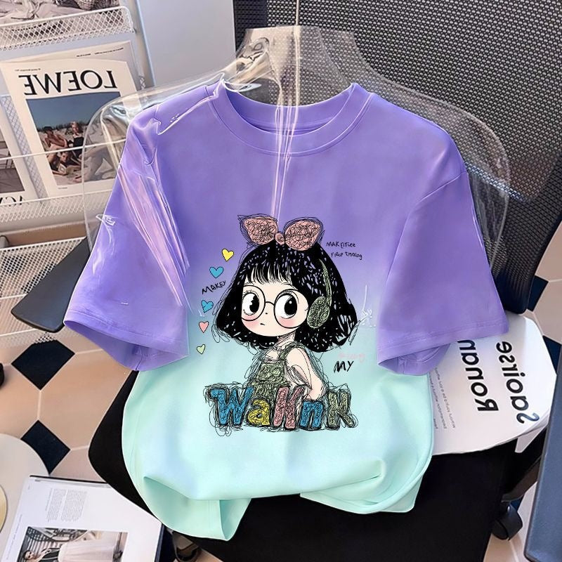 女童纯棉短袖T恤夏季女孩可爱卡通渐变百搭上衣t恤半袖夏装衣服潮