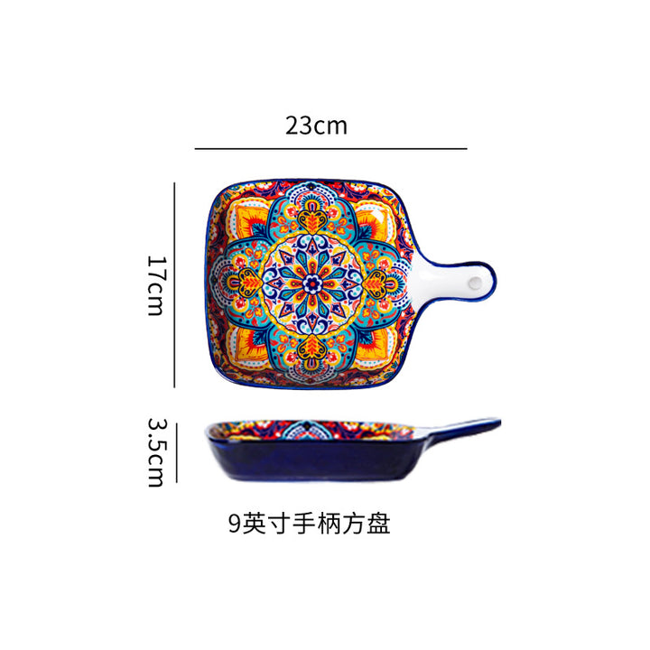 波西米亚陶瓷碗碟套装釉下彩饭碗家用复古双耳汤面碗高级感菜盘子