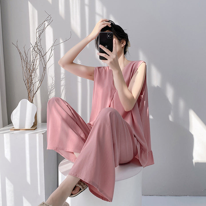 2026新款棉绸睡衣女春夏季带胸垫纯色大码无袖背心长裤家居服套装