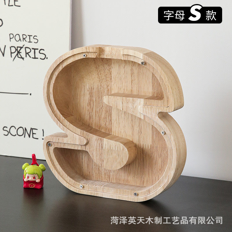 现货木质26个英文字母储蓄罐儿童小玩具收纳盒透明亚克力存钱罐子