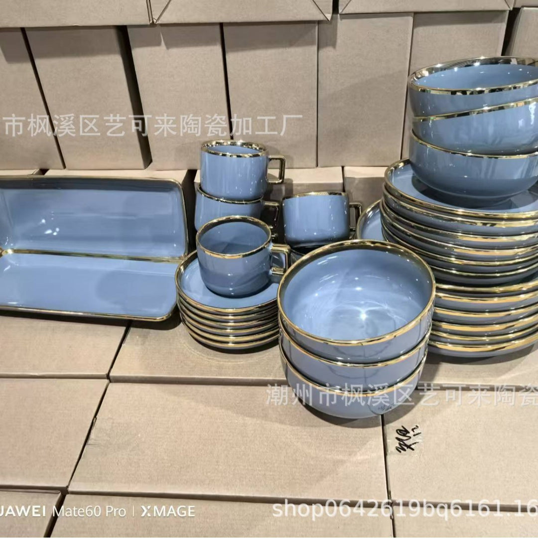 北欧金边32头家居日用陶瓷碗盘子杯碟套装创意组合餐具套装批发