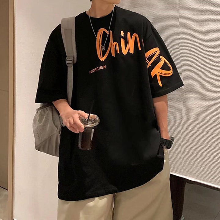 潮牌港风短袖t恤男夏季新款五分袖ins潮流宽松打底衫情侣百搭上衣