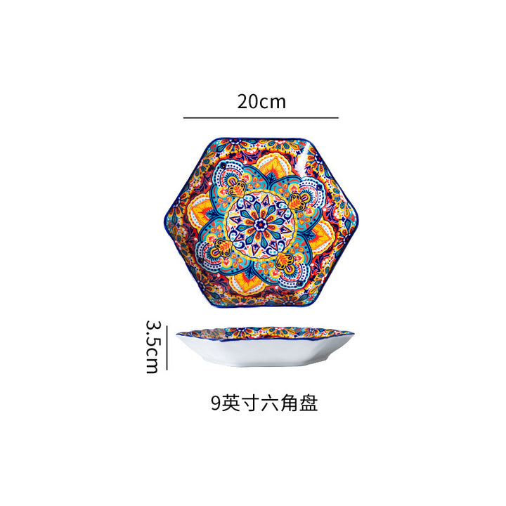 波西米亚陶瓷碗碟套装釉下彩饭碗家用复古双耳汤面碗高级感菜盘子