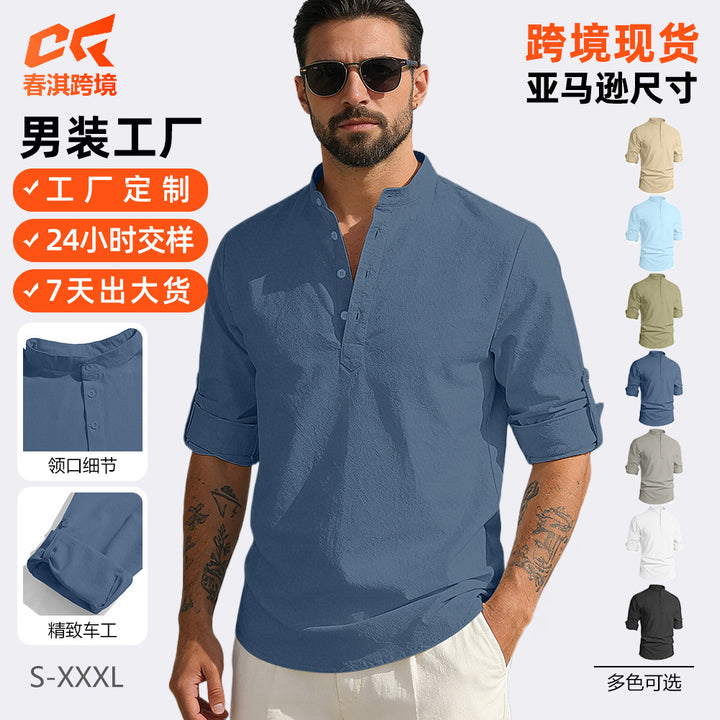 新款跨境欧美男士休闲宽松衬衣男潮立领棉麻长袖纯色休闲衬衫男装