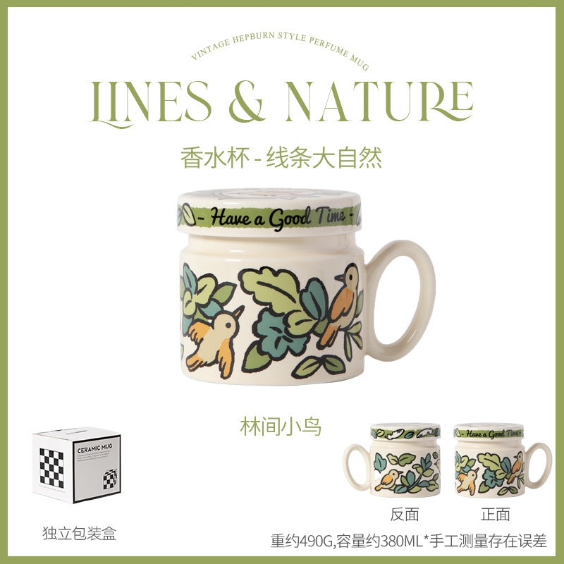 花鸟水果带盖水杯对杯套装可印制批发厂家直售牛奶杯防烫陶瓷杯