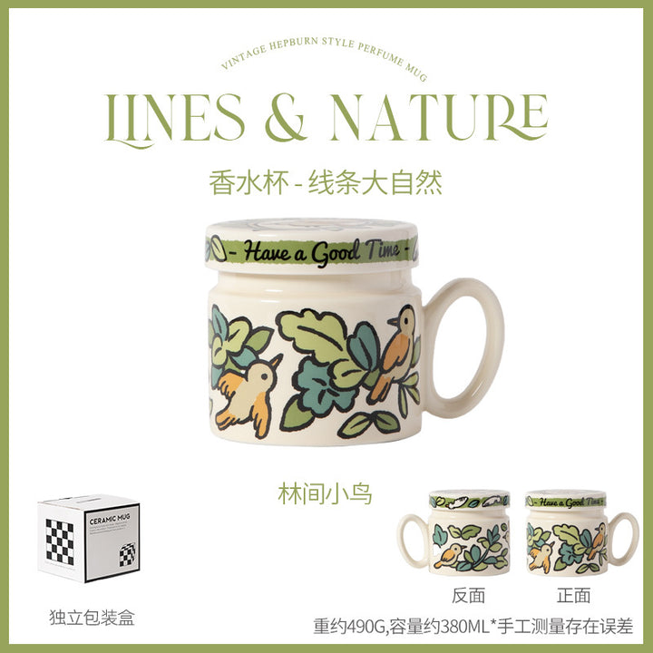 花鸟水果带盖水杯对杯套装可印制批发厂家直售牛奶杯防烫陶瓷杯