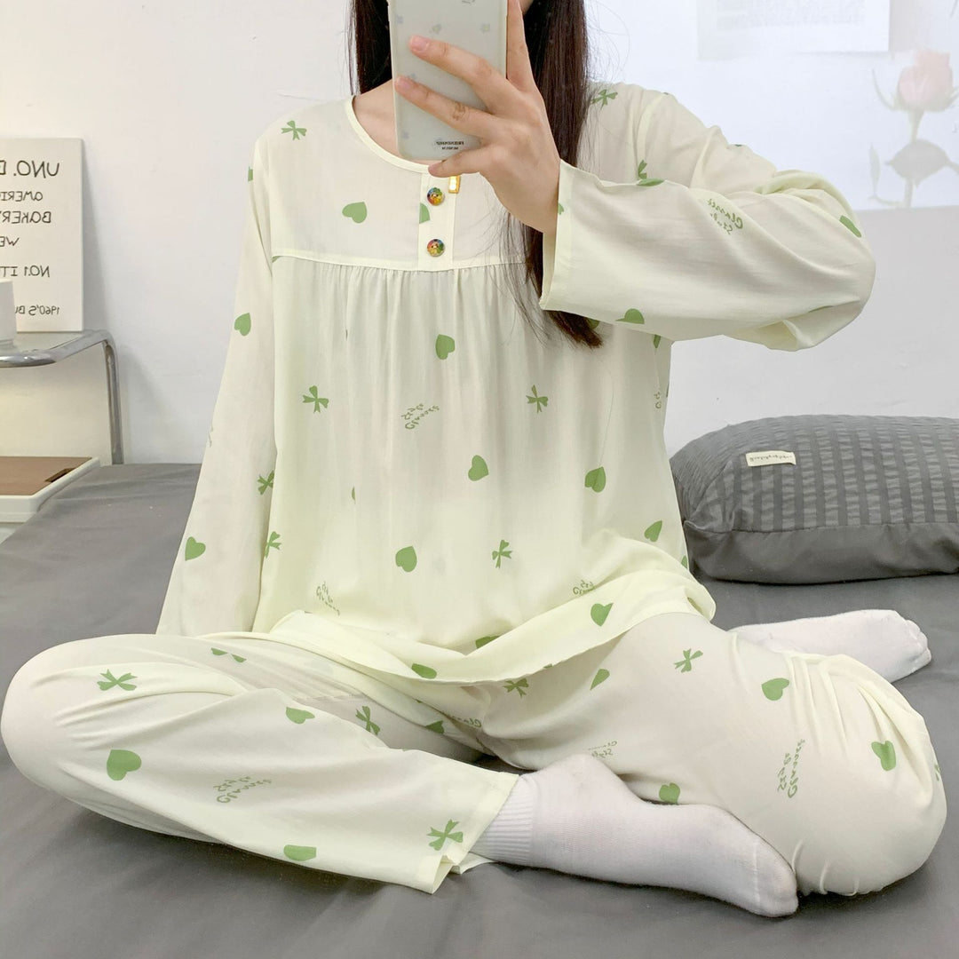 依妮衫人棉绸长袖睡衣女爆款女士家居服夏季长袖人棉套装一件代发