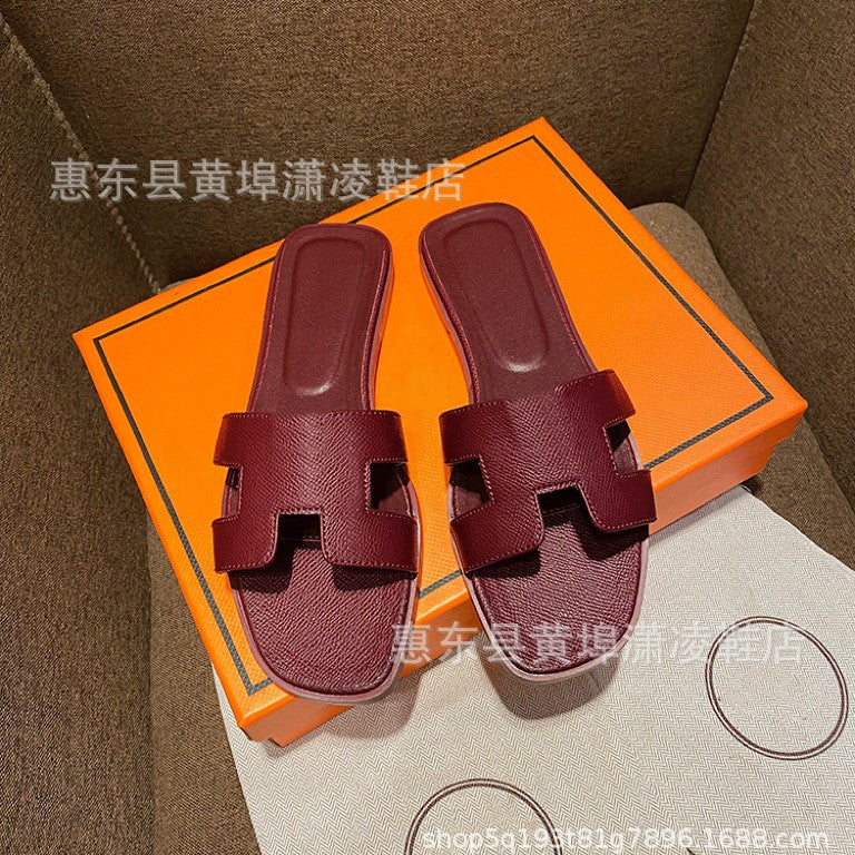 跨境外贸经典H拖鞋羊皮平底女拖鞋沙滩一字拖鞋女士凉拖鞋