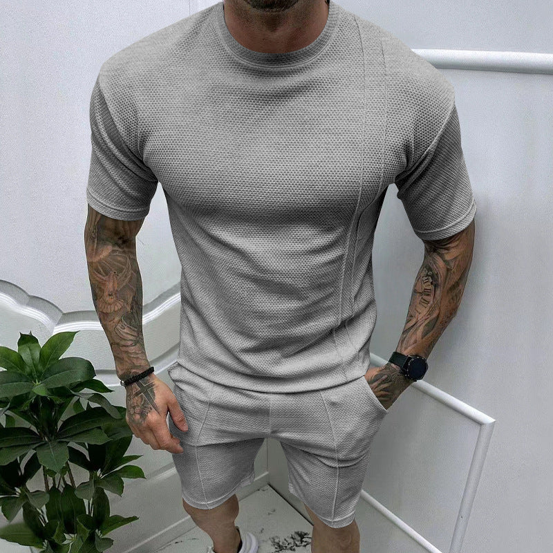 新款欧美跨境热销男士夏纯色休闲短裤短袖套装运动套装夏季两件套
