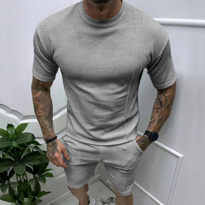 新款欧美跨境热销男士夏纯色休闲短裤短袖套装运动套装夏季两件套
