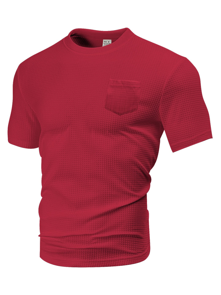 跨境男装欧美夏季宽松休闲透气带口袋短袖大华夫格圆领男式T恤男