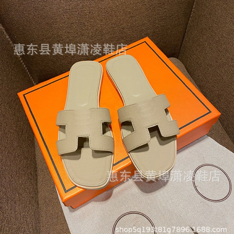 跨境外贸经典H拖鞋羊皮平底女拖鞋沙滩一字拖鞋女士凉拖鞋