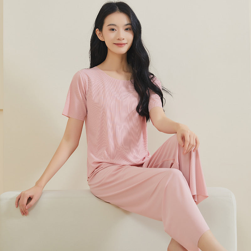 凉感冰丝睡衣情侣春夏天薄款短袖大码休闲无痕纯色家居服套装批发