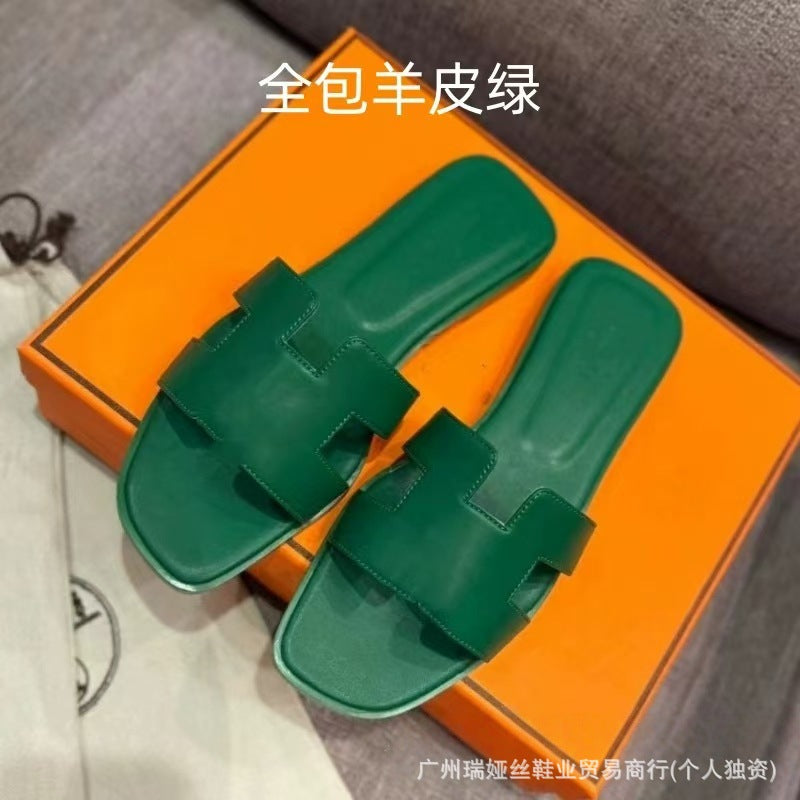 外贸批发经典H女鞋平底居家一字平跟沙滩休闲凉鞋外穿百搭泡沫