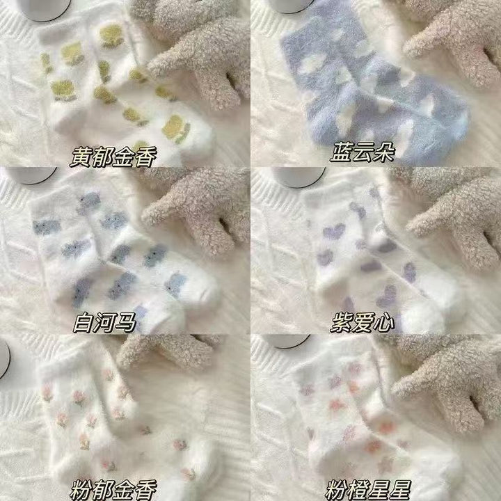 毛绒袜子踩屎感女冬季可爱加厚保暖水貂绒居家地板水貂绒中筒袜子