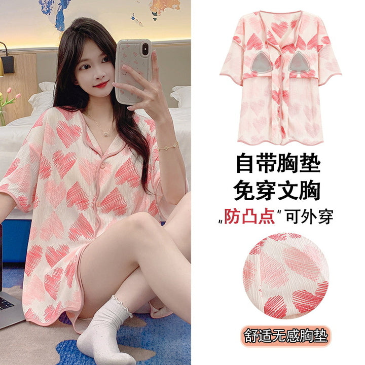 带胸垫清凉睡衣女款爆款2026年新款夏季大码开衫网红夏天家居服夏