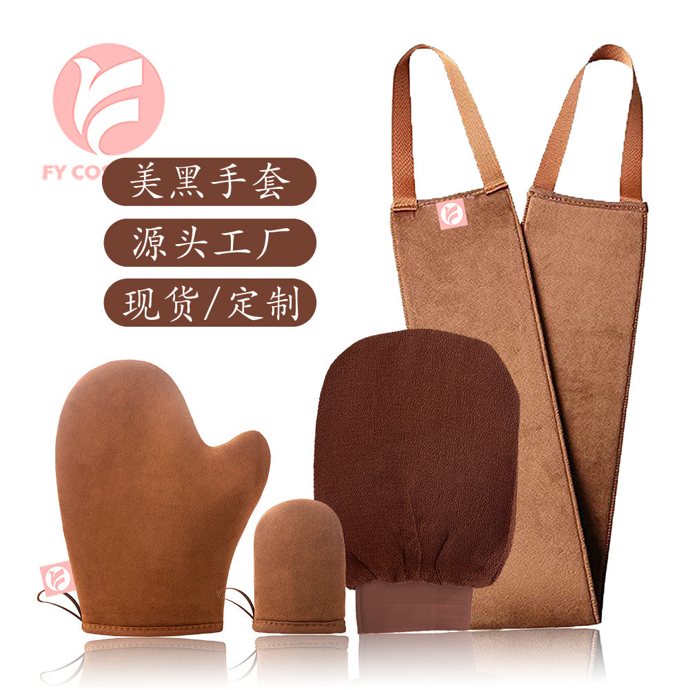 亚马逊热销美黑涂油手套套装免晒美黑涂抹身体乳植绒手套抹油工具