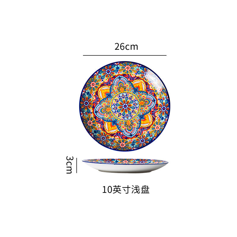 波西米亚陶瓷碗碟套装釉下彩饭碗家用复古双耳汤面碗高级感菜盘子