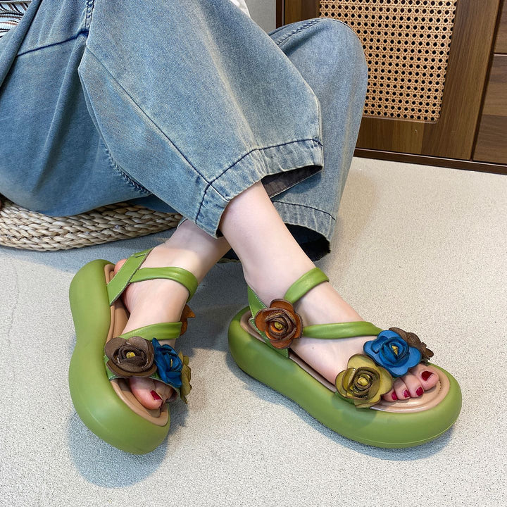 文艺复古撞色花朵松糕厚底真皮凉鞋女2025年夏季新款牛皮罗马凉鞋