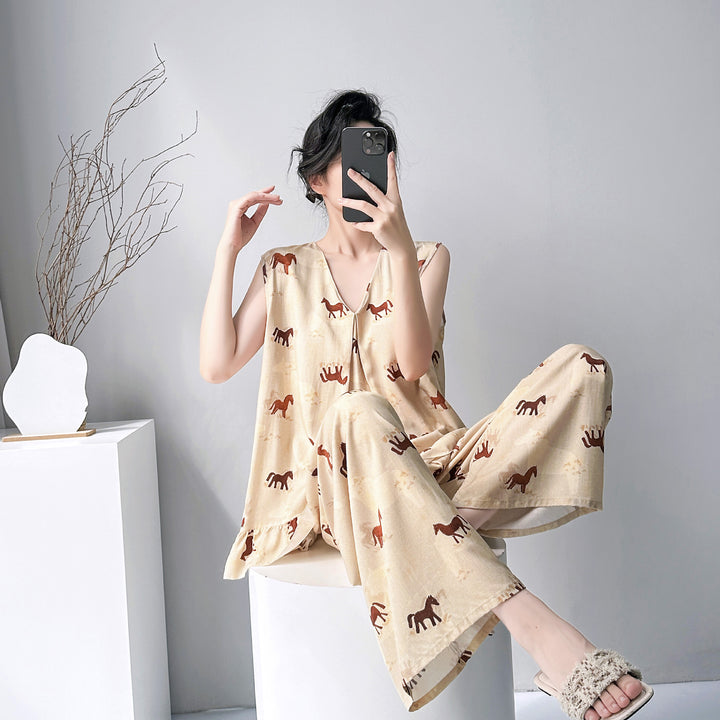 2026新款棉绸睡衣女春夏季带胸垫纯色大码无袖背心长裤家居服套装