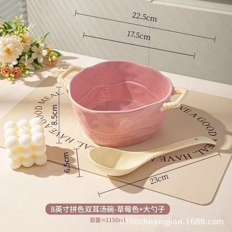 Double Handle Ceramic Bowl – Noodle Soup & Salad Bowl for Home & Dorm