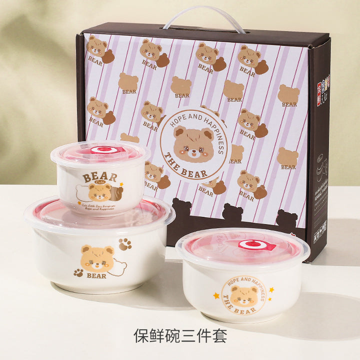 卡通奶油熊碗套装加印logo陶瓷餐具礼品创意手绘碗筷套装婚庆回礼