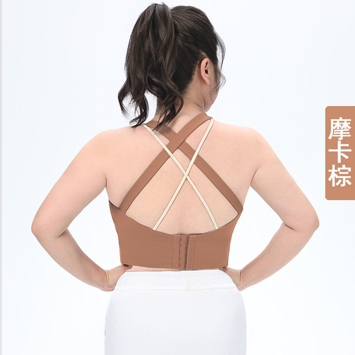 夏季薄款运动内衣加大码瑜伽服透气长款带胸垫健身背心高强度防震