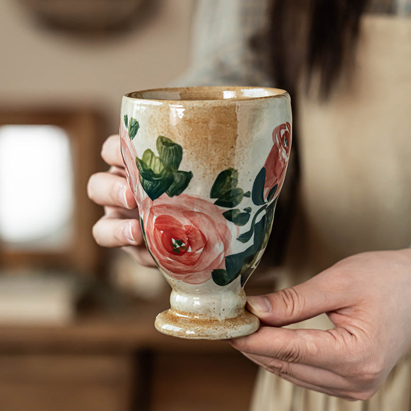 手绘粗陶无把杯复古杯子批发日式陶瓷高脚杯家用水杯餐厅茶杯酒杯