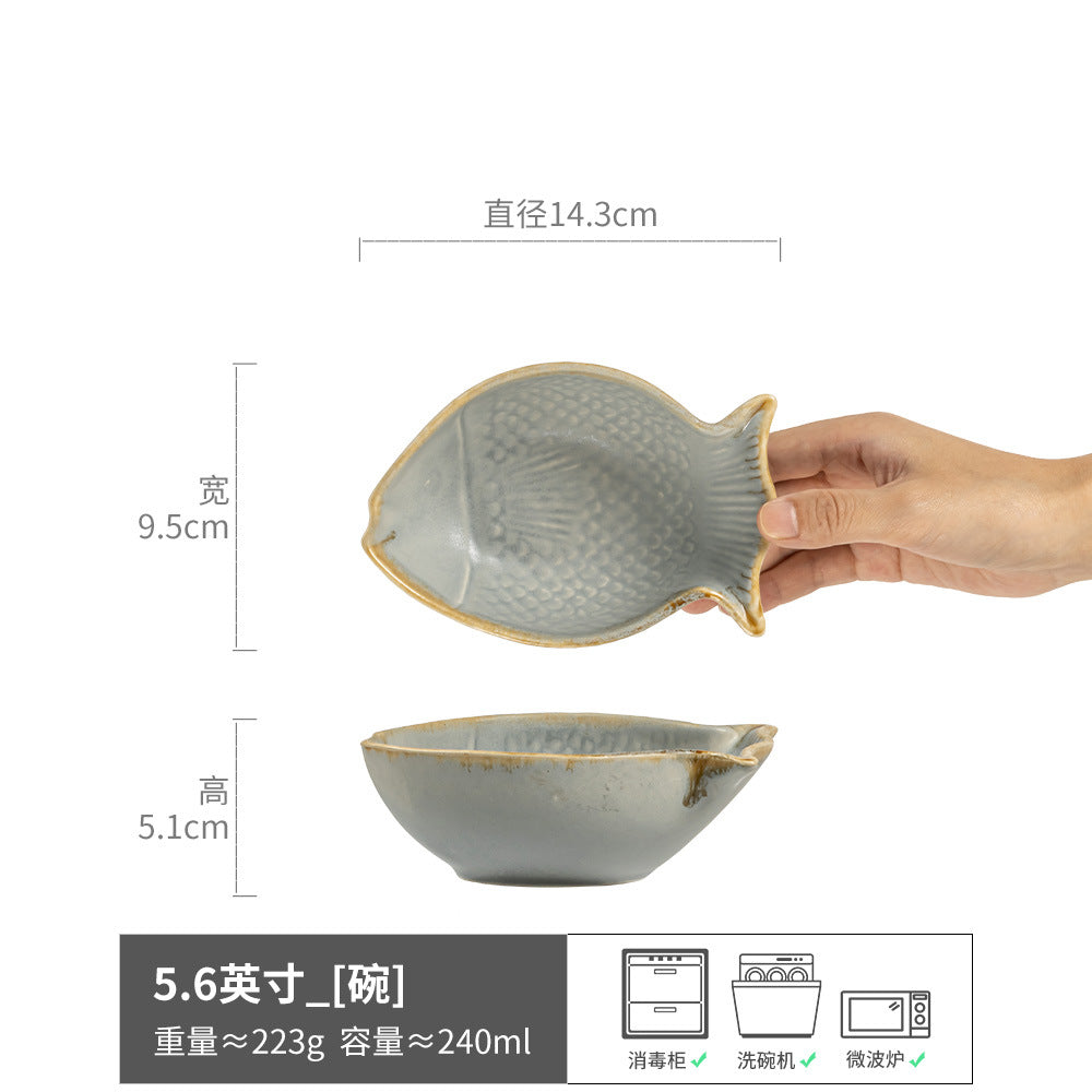 创意鱼形陶瓷碗复古餐具异形碗批发家用餐厅饭碗甜品碗宝宝辅食碗