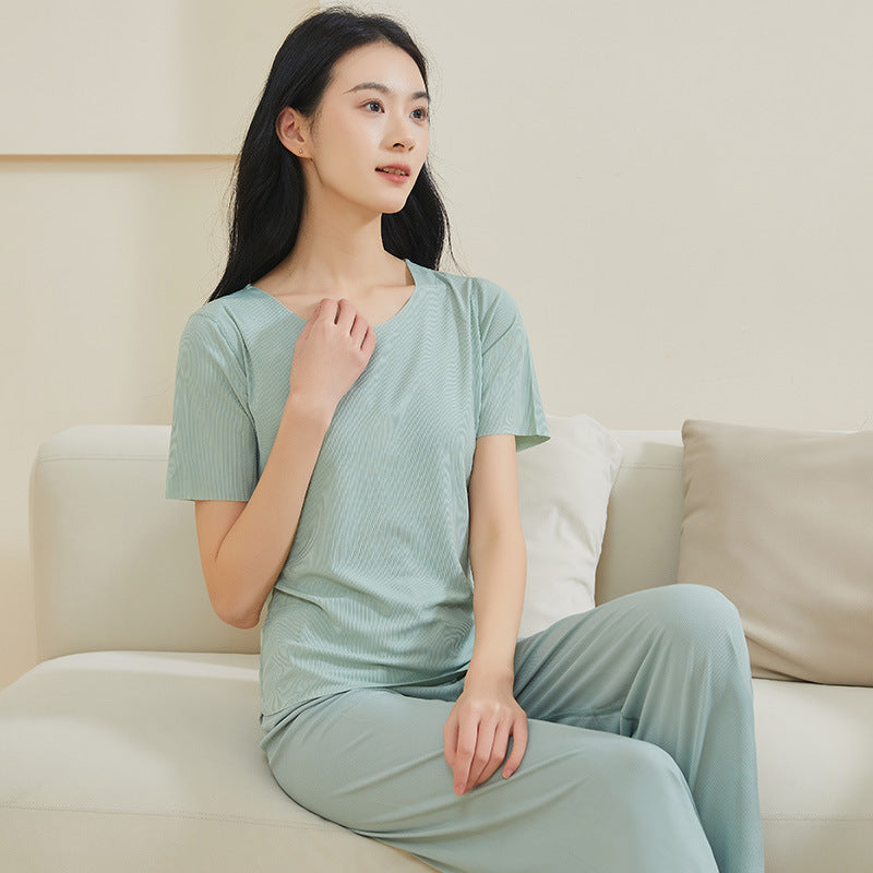 凉感冰丝睡衣情侣春夏天薄款短袖大码休闲无痕纯色家居服套装批发