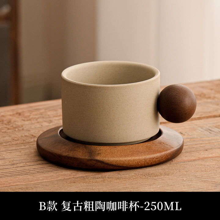 陶土咖啡杯中古风花茶马克杯咖啡杯套装木杯垫送人客户伴手礼logo