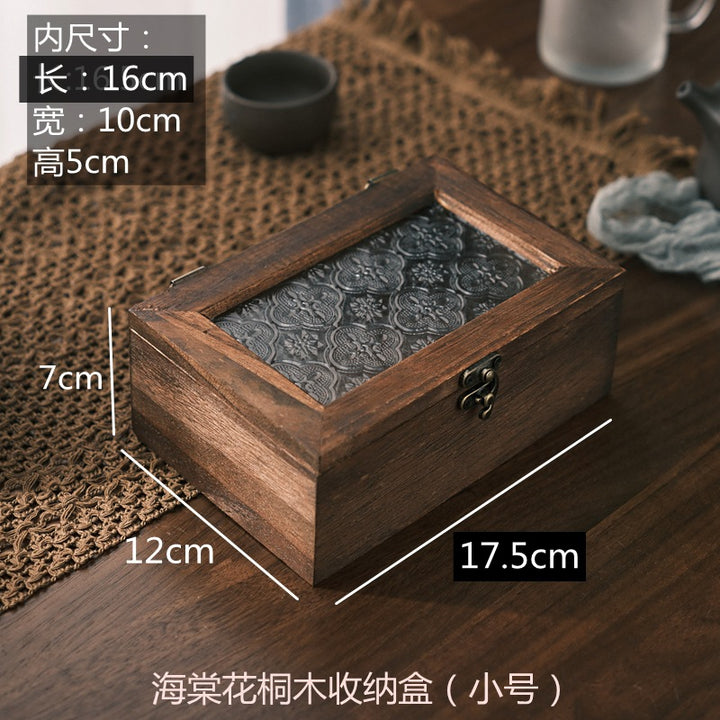 木质首饰盒复古杂物储物箱家用桐木防尘翻盖海棠花玻璃桌面收纳盒