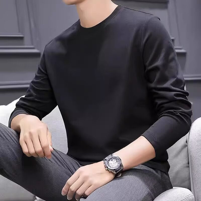 秋季印花港风纯棉打底衫长袖秋季长袖恤宽松上衣男潮流黑色
