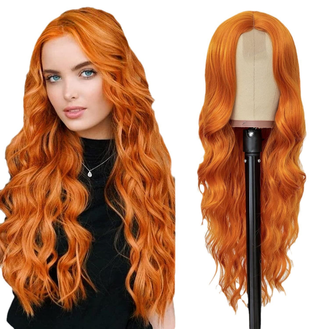 新款前蕾丝假发头套橘色长卷发波浪human hair lace wig 工厂代发