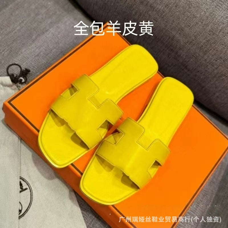 外贸批发经典H女鞋平底居家一字平跟沙滩休闲凉鞋外穿百搭泡沫