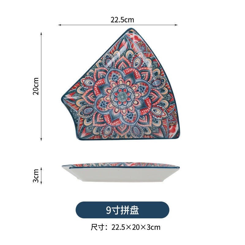 跨境波西米亚陶瓷餐具创意家用釉下彩饭碗汤碗手柄盘烤盘餐具套装