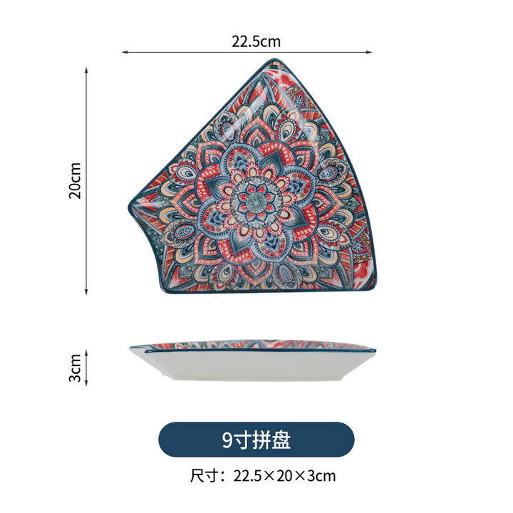 跨境波西米亚陶瓷餐具创意家用釉下彩饭碗汤碗手柄盘烤盘餐具套装