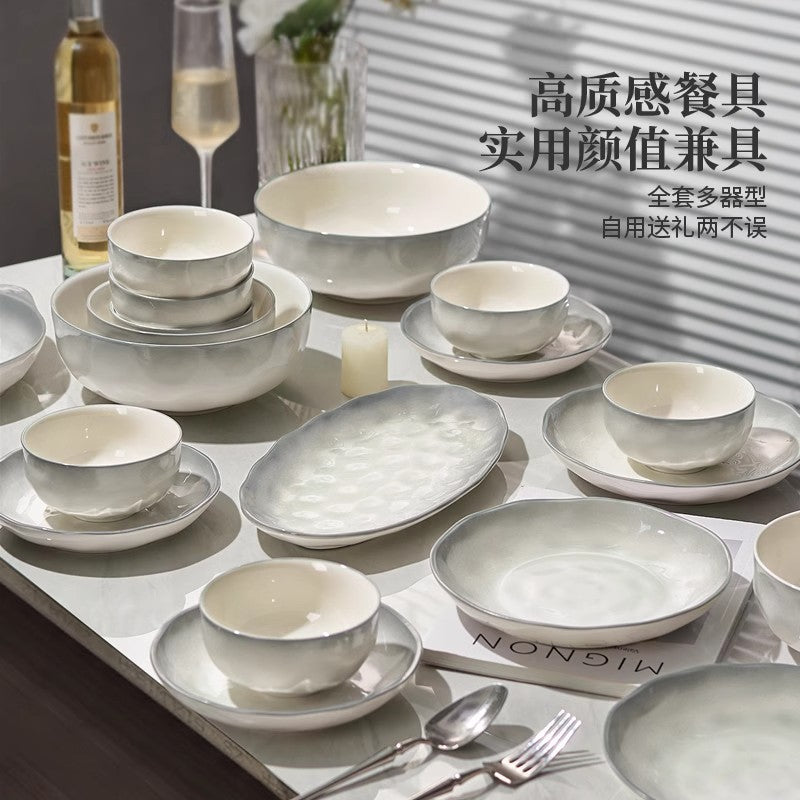 加工定制釉下彩2026新款石纹浅灰高级感陶瓷碗碟套装简约家用饭碗
