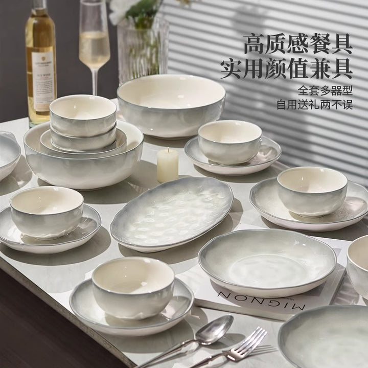 釉下彩新款石纹浅灰高级感陶瓷碗碟套装简约家用饭碗盘子勺子