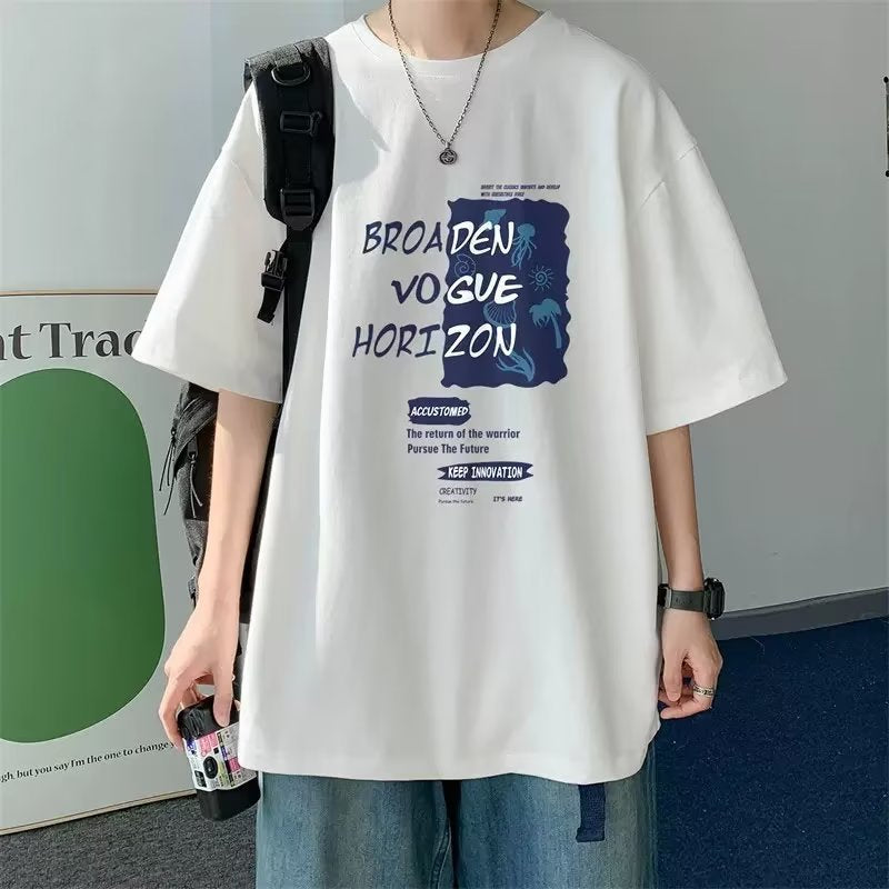 2024夏季短袖宽松T恤男士潮牌休闲半袖潮流体恤打底衫五分袖上衣