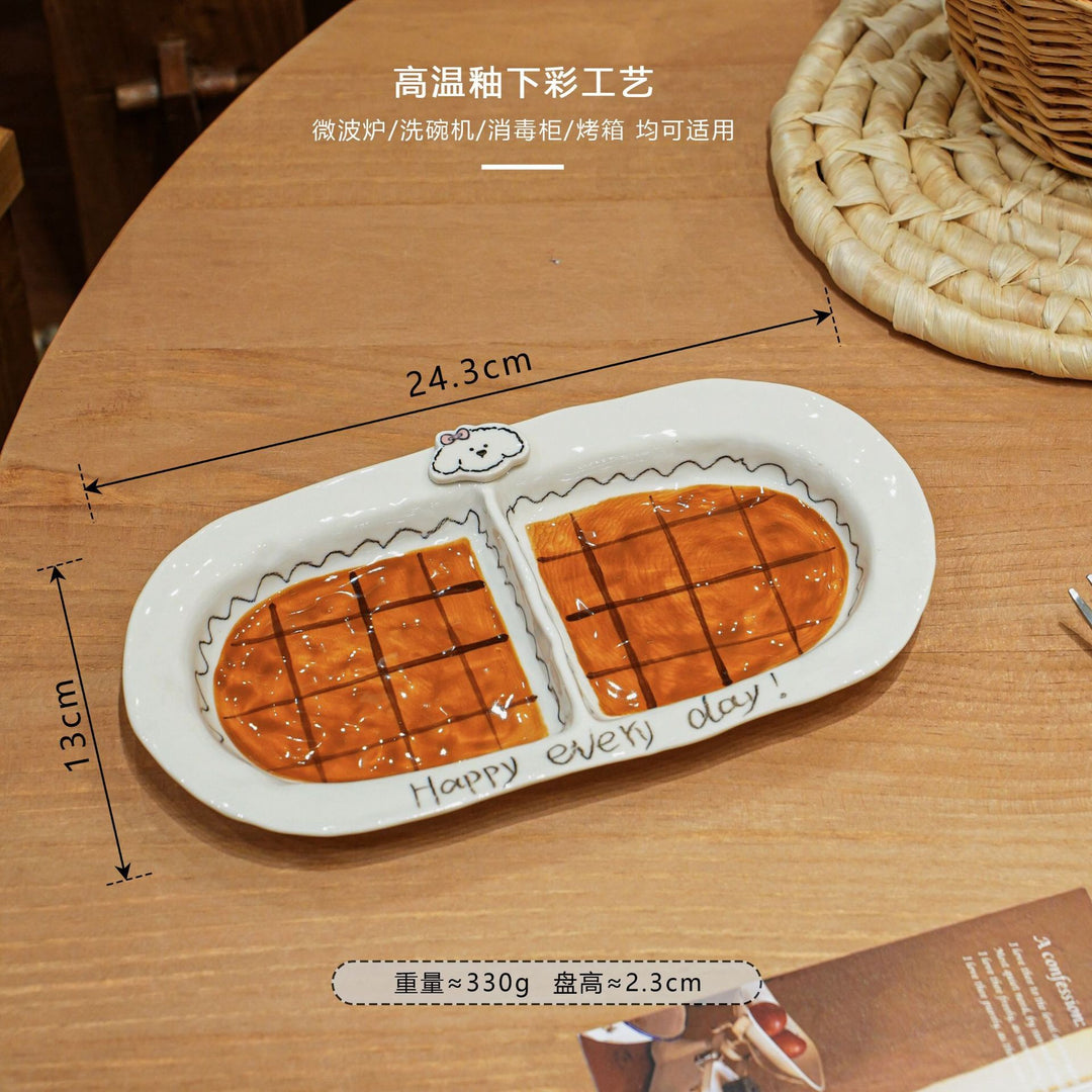 焦糖小狗餐具家用釉下彩陶瓷碗盘套装特别好看的盘子西餐盘分格盘