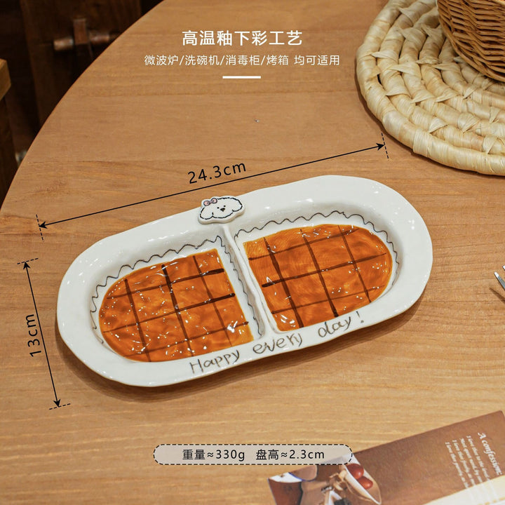 焦糖小狗餐具家用釉下彩陶瓷碗盘套装特别好看的盘子西餐盘分格盘