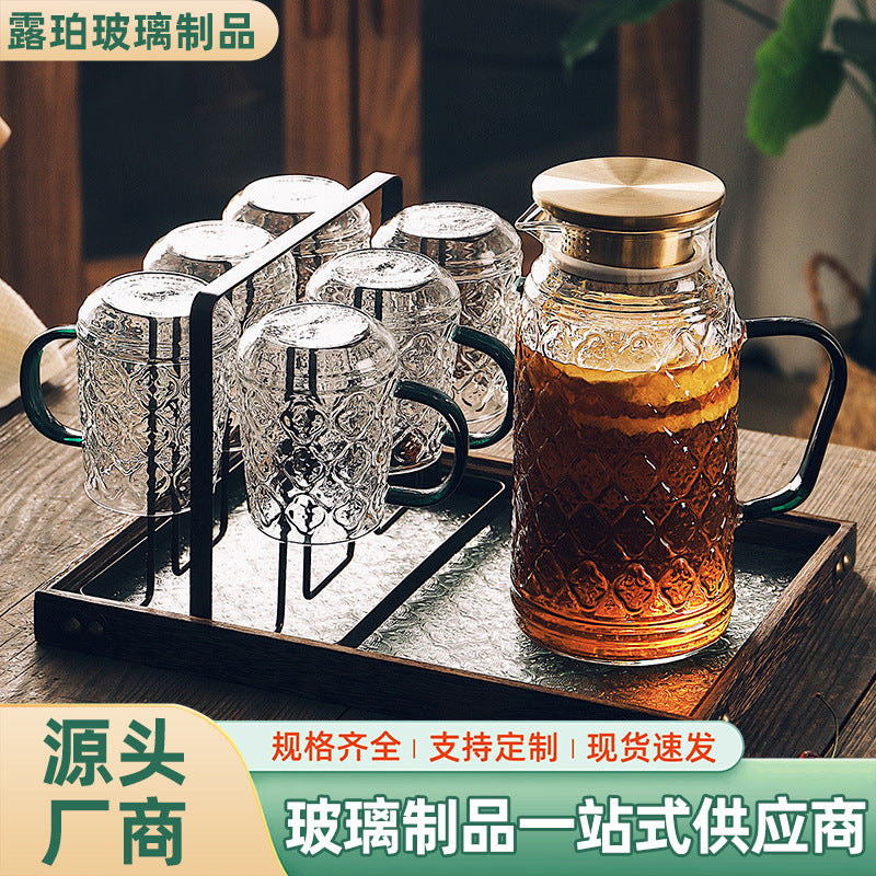 冷水壶中式海棠花冷水壶 高硼硅玻璃家用大容量凉水壶套装带杯子