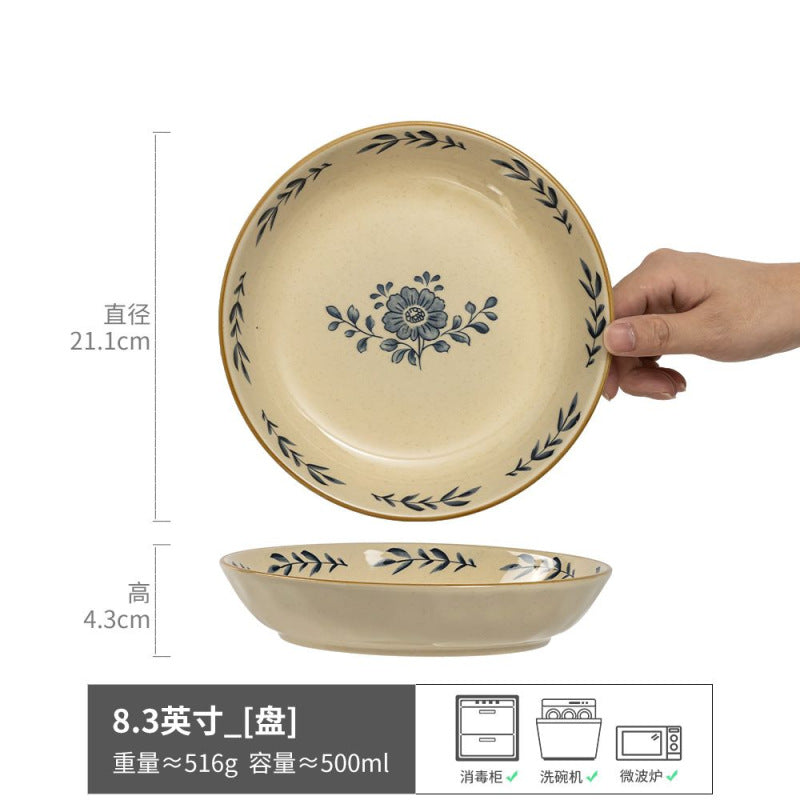 高颜值深盘圆形便宜碗复古陶瓷菜碗家用盘子餐具碗碟批发外贸尾单