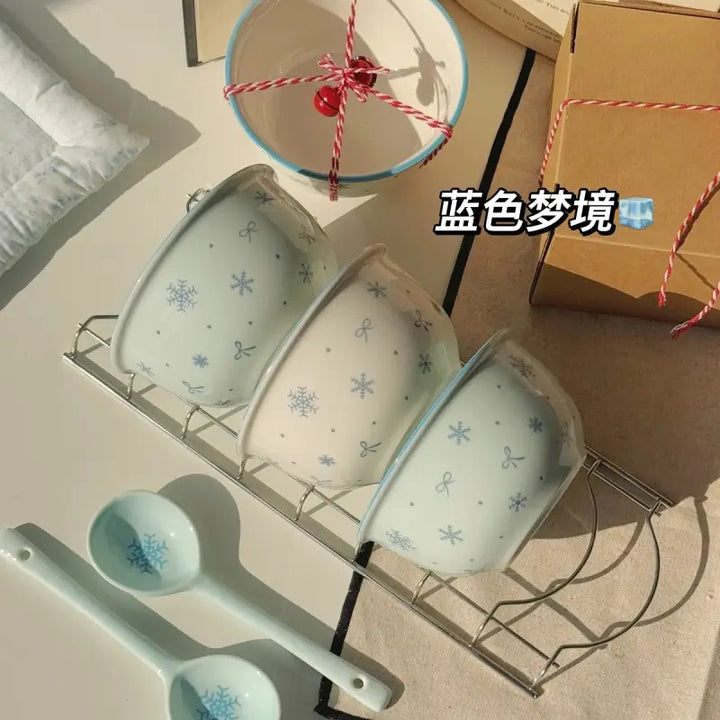【初雪】新款高温釉下彩陶瓷餐具套装ins风奶蓝色简约家用碗盘