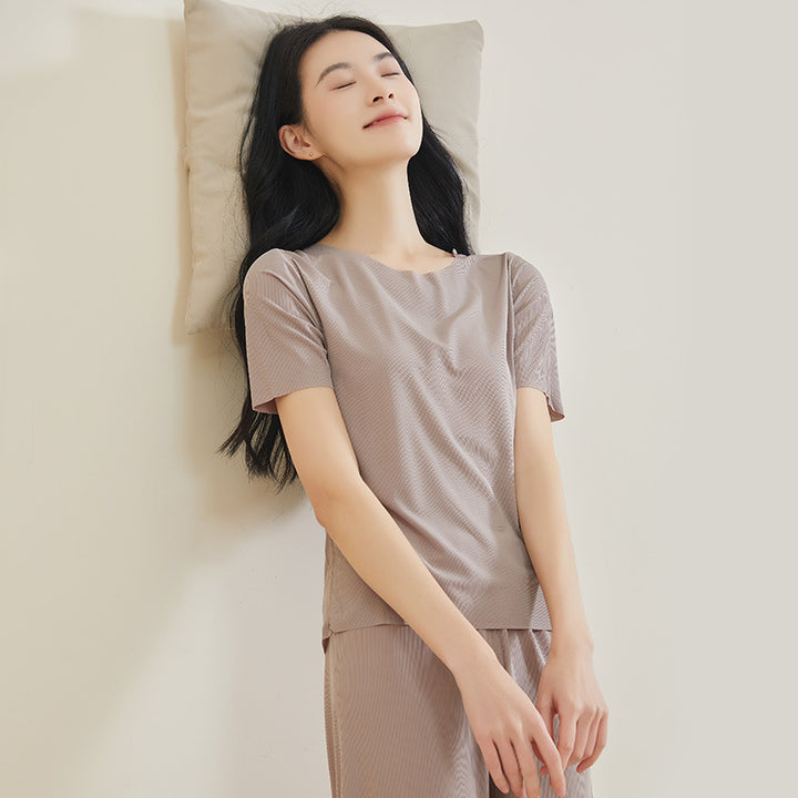 凉感冰丝睡衣情侣春夏天薄款短袖大码休闲无痕纯色家居服套装批发